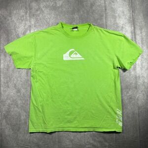 Vintage Quiksilver Mens XL Mountain Wave Logo Neon Green Tee Distressed Surf